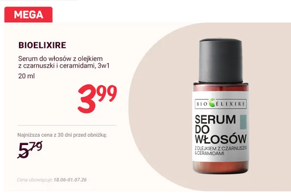Serum do włosów z olejkiem z czarnuszki i ceramidami 3w1 Bioelixire promocja w Rossmann