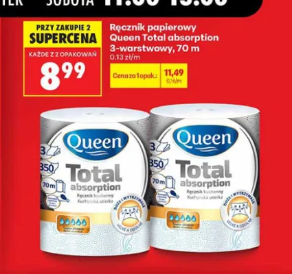 Ręcznik papierowy Queen Total Absorption 3-warstwowy promocja w Biedronka