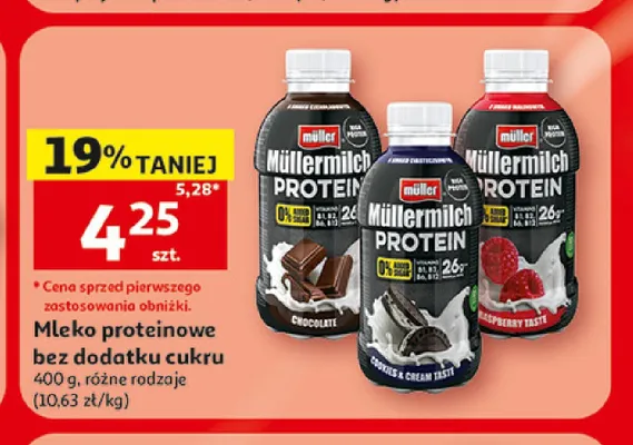 Mleko proteinowe Müller Müllermilch Protein o smaku ciasteczkowym promocja w Auchan