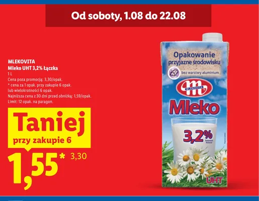 Mleko UHT 3,2% Łączka Mlekovita promocja w Lidl