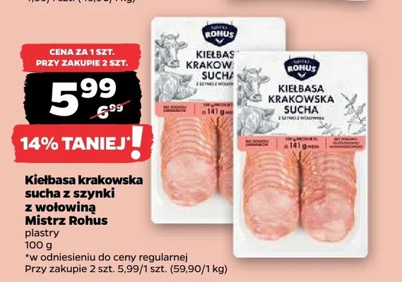 Kiełbasa krakowska sucha z szynki z wołowiną Mistrz Rohus plastry promocja w Netto