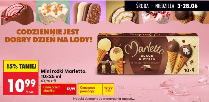 Lody mini rożki Marletto Black & White 10-pak promocja w Biedronka