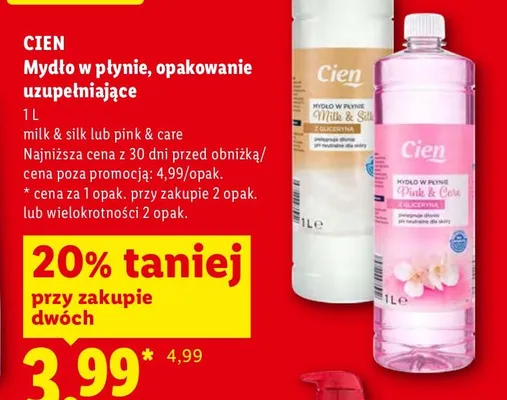 Mydło w płynie Cien Milk & Silk opakowanie uzupełniające promocja w Lidl