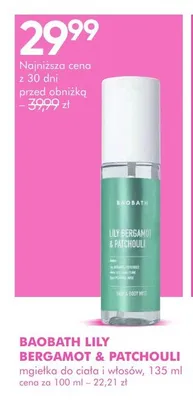 Mgiełka do ciała i włosów Baobath Lily Bergamot & Patchouli promocja w Super-Pharm