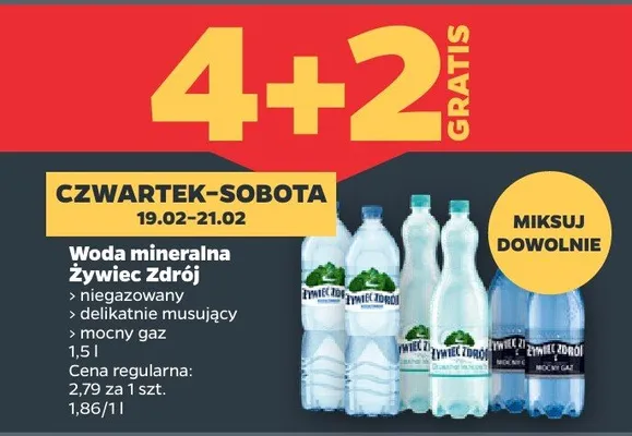 Woda mineralna niegazowana, delikatnie musująca lub mocny gaz 4+2 GRATIS promocja w Netto