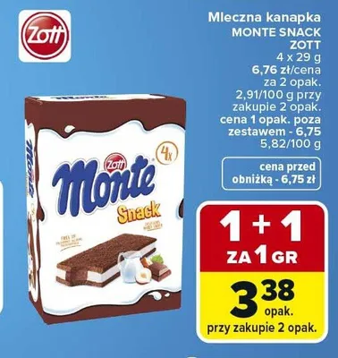 Mleczna kanapka Monte Snack Zott 4-pak 29g promocja w Carrefour