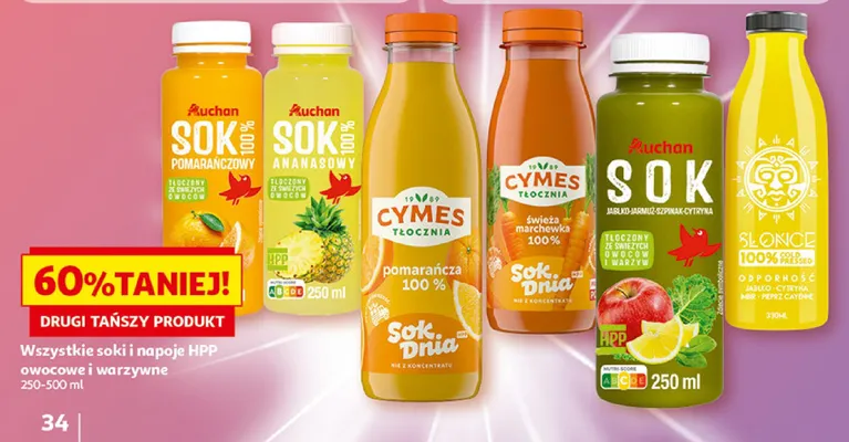 Soki i napoje HPP owocowe i warzywne Auchan promocja w Auchan