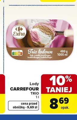Lody Carrefour Trio lodowe o smaku waniliowym, truskawkowym i czekoladowym promocja w Carrefour Market