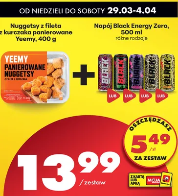 Zestaw: Nuggetsy z fileta z kurczaka panierowane Yeemy + Napój Black Energy Zero promocja w Biedronka