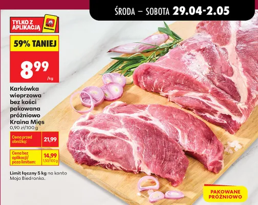 Karkówka wieprzowa bez kości pakowana próżniowo Kraina Mięs promocja w Biedronka