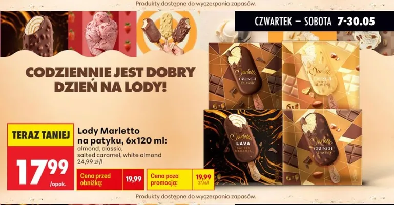 Lody na patyku Marletto salted caramel 6-pak 120ml promocja w Biedronka