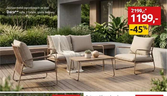Zestaw mebli ogrodowych ze stali Dara sofa, 2 fotele, stolik beżowy promocja w Black Red White