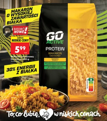 Makaron proteinowy świderki Go Active promocja w Biedronka