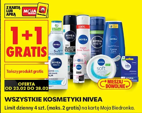 Kosmetyki wszystkie rodzaje 1+1 GRATIS promocja w Biedronka