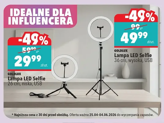 Lampa LED Selfie GOLDLUX 26cm niska USB promocja w Biedronka