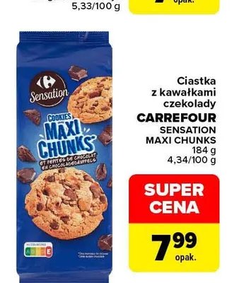 Ciastka z kawałkami czekolady Carrefour Sensation Maxi Chunks promocja w Carrefour
