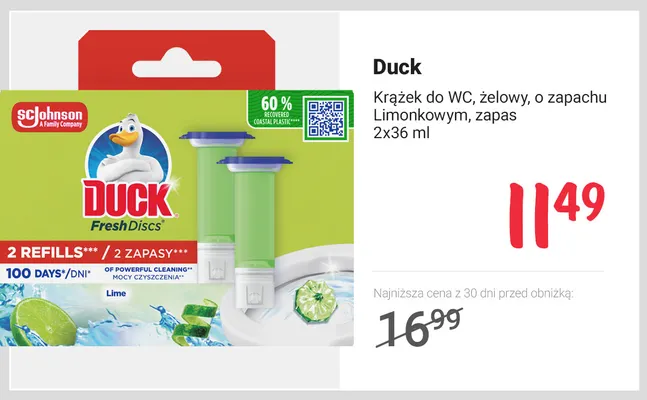 Krążek do WC żelowy o zapachu limonkowym zapas Duck 2-pak promocja w Rossmann