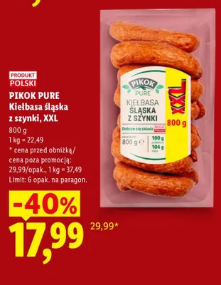 Kiełbasa śląska z szynki XXL Pikok Pure promocja w Lidl