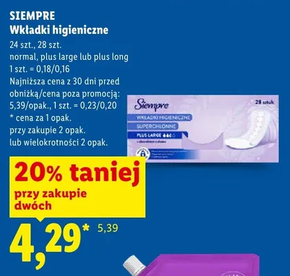 Wkładki higieniczne Siempre plus large promocja w Lidl
