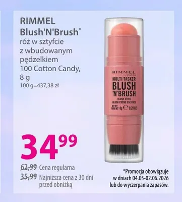 Róż w sztyfcie z wbudowanym pędzelkiem RIMMEL Blush'N'Brush 100 Cotton Candy promocja w Hebe