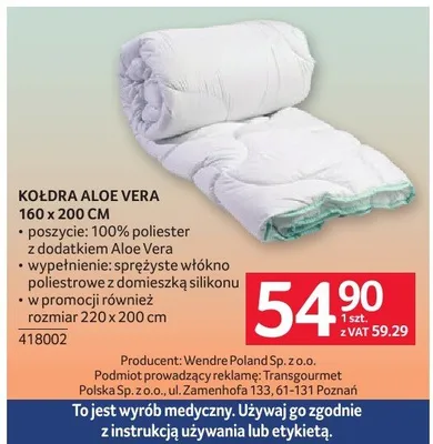 Kołdra Aloe Vera 160x200cm promocja w Selgros