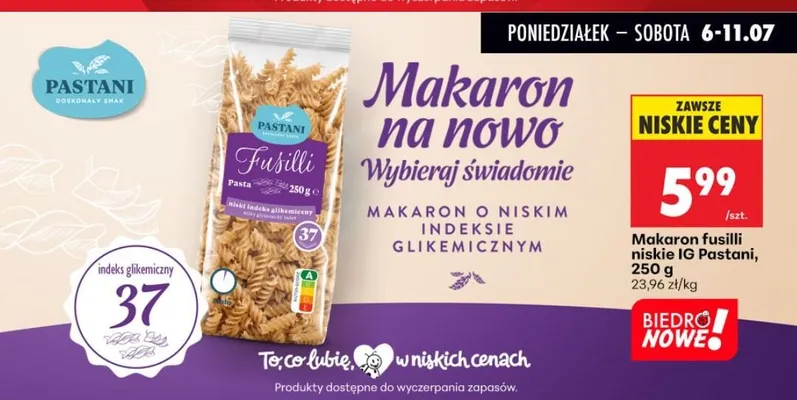 Makaron fusilli niskie IG Pastani promocja w Biedronka