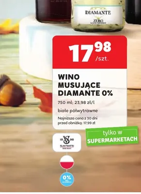 Wino bezalkoholowe musujące Diamante białe półwytrawne promocja w Stokrotka