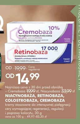 Kremy stosowane do intensywnej pielęgnacji cery Niacynobaza Retinobaza Colostrobaza Cremobaza promocja w Super-Pharm