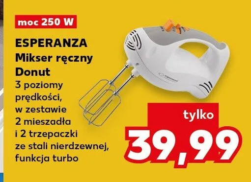 Mikser ręczny Esperanza Donut 250W 3 poziomy prędkości 2 mieszadła 2 trzepaczki ze stali nierdzewnej funkcja turbo promocja w Kaufland