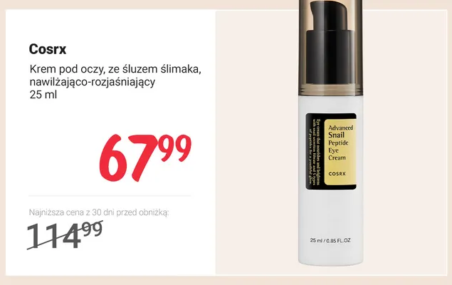 Krem pod oczy ze śluzem ślimaka nawilżająco-rozjaśniający Cosrx promocja w Rossmann