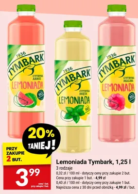 Lemoniada Tymbark cytryna malina bez słodzików promocja w Twój Market