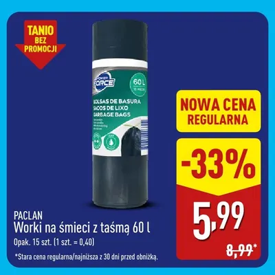 Worki na śmieci z taśmą 60 l Paclan promocja w Aldi