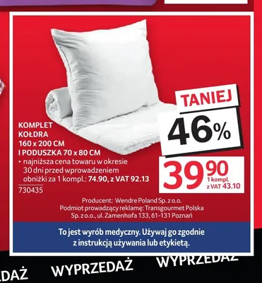 Komplet kołdra 160x200 cm i poduszka 70x80 promocja w Selgros