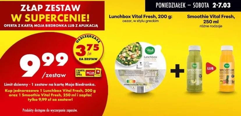 Zestaw: lunchbox cezar lub w stylu greckim 200 g + smoothie różne rodzaje 250 ml promocja w Biedronka