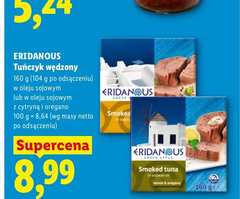 Tuńczyk wędzony w oleju sojowym Eridanous promocja w Lidl