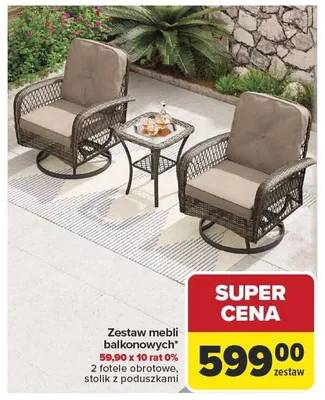 Zestaw mebli balkonowych 2 fotele obrotowe stolik z poduszkami promocja w Carrefour