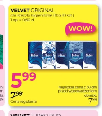 Chusteczki higieniczne Velvet Original 10-pak 10 szt promocja w Drogerie Jawa