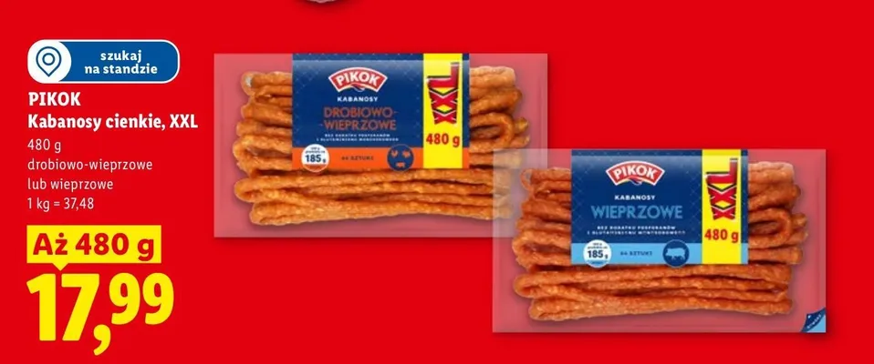 Kabanosy cienkie drobiowo-wieprzowe Pikok XXL promocja w Lidl