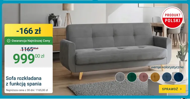 Sofa rozkładana z funkcją spania promocja w ERLI