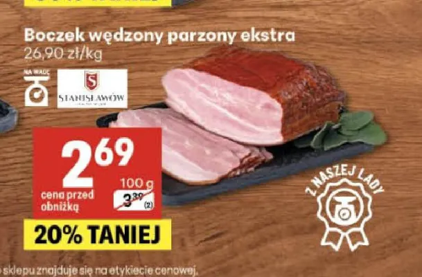 Boczek wędzony parzony ekstra Stanisławów promocja w Delikatesy Centrum
