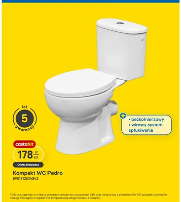 Kompakt Wc Pedro bezkołnierzowy wirowy system spłukiwania promocja w Castorama