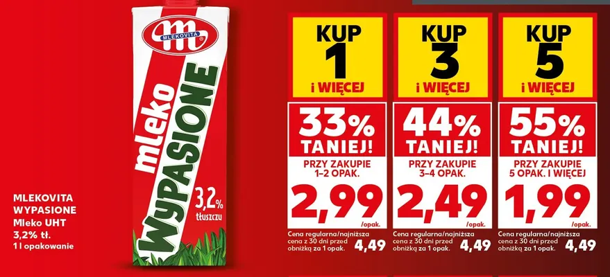 Mleko UHT Wypasione Mlekovita 3,2% promocja w Kaufland
