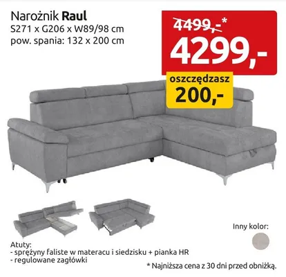 Narożnik Raul S271xG206xW89/98cm pow. spania: 132x200cm promocja w Black Red White