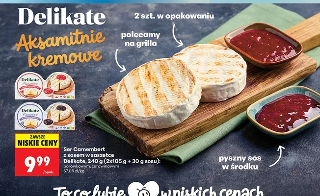 Ser Camembert z sosem borówkowym w saszetce Delikate promocja w Biedronka