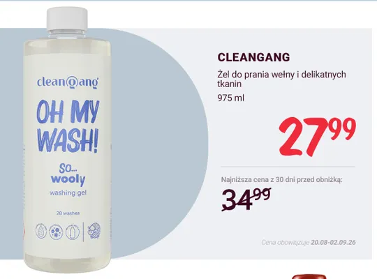 Żel do prania wełny i delikatnych tkanin Cleangang promocja w Rossmann