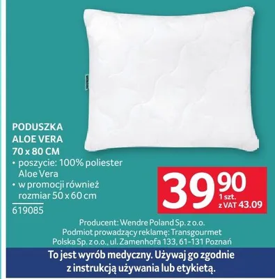 Poduszka Aloe Vera 70 x 80 cm promocja w Selgros