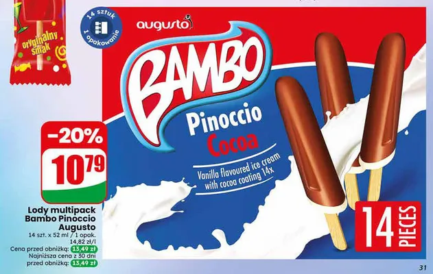 Lody Bambo Pinoccio Augusto 14-pak 52 ml promocja w Dino