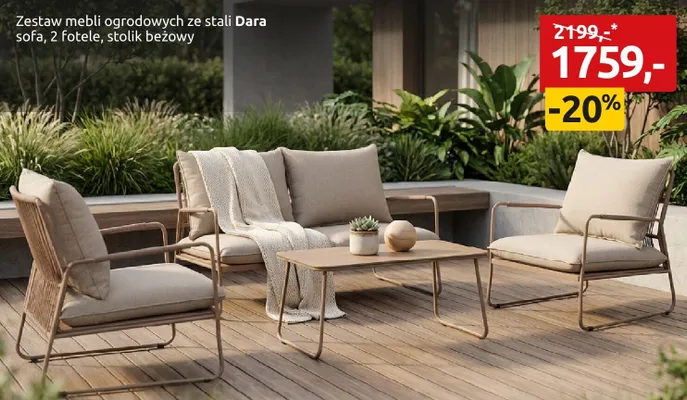 Zestaw mebli ogrodowych ze stali sofa, 2 fotele, stolik beżowy promocja w Black Red White