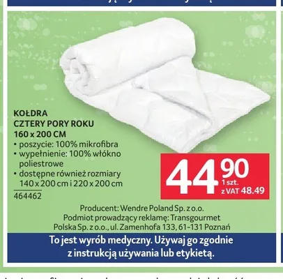Kołdra Cztery Pory Roku 160x200 cm promocja w Selgros