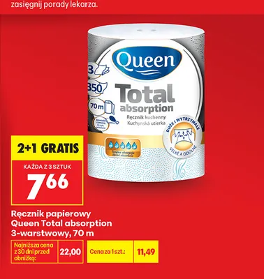Ręcznik papierowy Queen Total absorption 3-warstwowy promocja w Biedronka